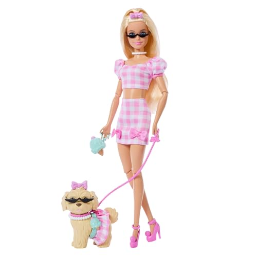 Poupée Twinning avec chien, en tenues roses vichy assorties