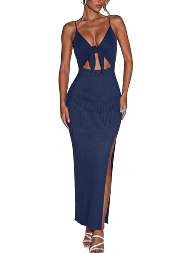 oten Women's Sexy Spaghetti Strap Bodycon Rib Knit Long Dress Twist Front Cutout Thigh Slit Wedding Guest Party Maxi Dresses Navy Blue Large at Amazon