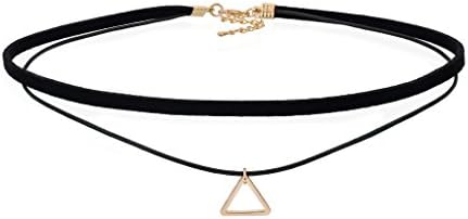 Choker Collar Black Necklaces With Pendant Gold Tone Triangle Velvet Leather Punk Layered For Women