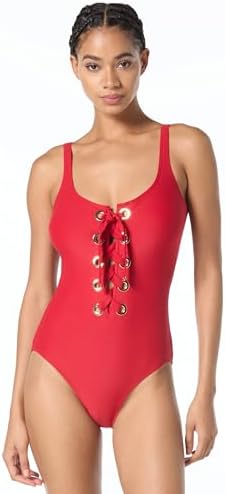 Carmen Marc Valvo Crochet Scoop Neck One Piece, Clay,4 Beige at