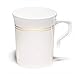 OCCASIONS 120 Mugs Pack, Heavyweight Disposable Wedding Party Plastic 8 oz Coffee Mugs/Tea Cups/Cappuccino Cups/Espresso Cup with Handles (8 oz Mugs, White & Gold Rim)