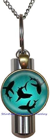 Circling Sharks URN Cremation URN Necklace Glass Dome Cover Jewelry Charm Round Circle,Shark Jewelry Ocean URN Ocean Gift Sea URN Birthday Gift Ocean-JP251