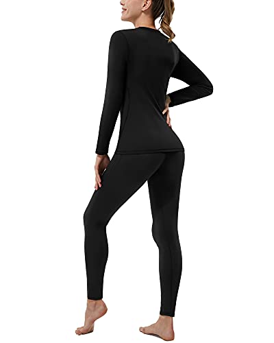 Womens Thermal Underwear Pajamas Set - Ultra-Soft Fleece Lined Long Johns Winter Skiing Base Layer Top and Bottoms Suits Black