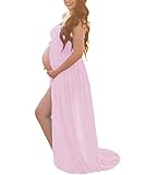 Pink Maternity Off Shoulder Tube Chiffon Gown Split