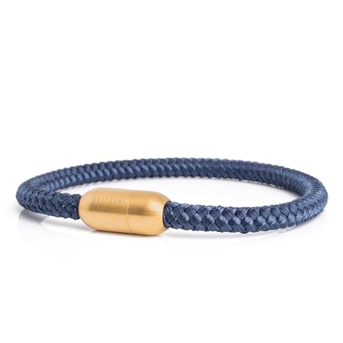Akitsune Silvus Nylonarmband | 5mm Dick | Armschmuck Damen Herren Edelstahl Armband Magnetverschluss - Mattgold - Navyblau 22,5cm
