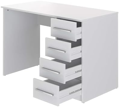 Moderner Home-Office-Schreibtisch, Computertisch mit 4 Schubladen, einfacher Aufbau, 56 x 110 x 73,5 cm, weiß