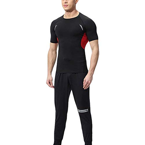 iYBUIA Men's Sports Elastic Fitness T-Shirt Suit Fast Drying Tops Long Pants Tight Suit Red