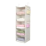 MAX Houser 5 Shelf Hanging Closet Organizer,Space Saver, Cloth Hanging Shelves with (4) Side Pockets,Foldable, (Beige)