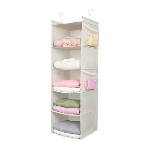MAX Houser 5 Shelf Hanging Closet Organizer,Space Saver, Cloth Hanging Shelves with (4) Side Pockets,Foldable, (Beige)