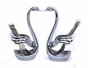 Ziv Stainless Steel Swan Base Dinnerware Fruit/Dessert Flatware Set for 14-2 Swan Base Holder with 6 Forks &amp; 6 Spoons (Swan wings)