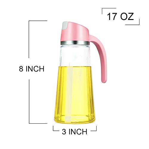 Auto Flip Olive Oil Dispenser Bottle,17 Oz Leakproof Condiment Container with Automatic Cap Glass Oil and Vinegar Dispenser with Non-Slip Handle for Kitchen Cooking (Pink)