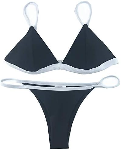 JTCT Seaside Beach Pool swimsuit Sexy Strap Bikini Set For Women Triangle Thong Tankini Swimwear For Grils Solid Colored Black Swimsuit (Color : Black, Size : S)