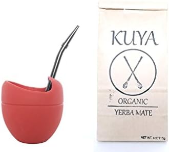 Kuya Organic Yerba Mate Beginner Starter Pack Kit - Silicone Mate Gourd With Yerba Mate (Red Gourd/Black Straw)