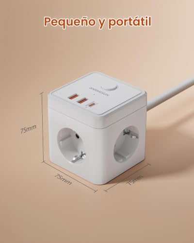 Cube Power Strip Sockets with USB, 3 Outlets AC & USB C PD 20W, Cable 2M White | Thief Sockets With USB, Compact Cube, Little Space, Switch, Perfect Desktop Home