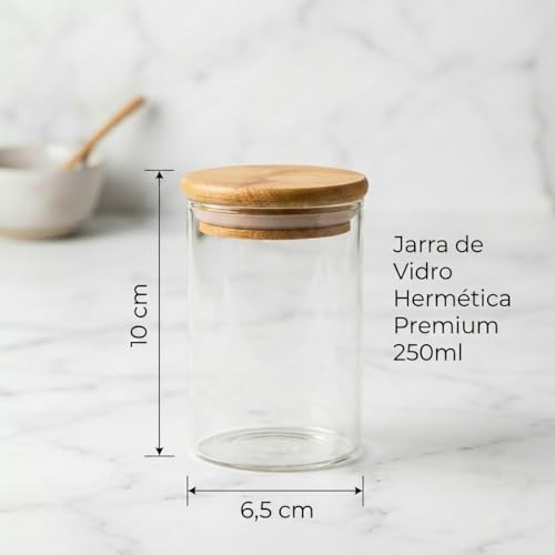 Kit 10 Potes Herméticos 250ml de Vidro com Tampa de Bambu Natural – Redondos com Vedação de Silicone, Organizadores para Cozinha, Armazenar Temperos, Grãos, Café, Chá, Açúcar, Doces e Mantimentos