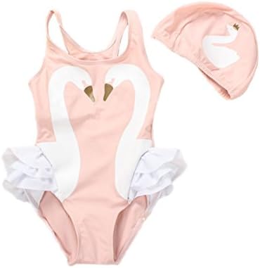 Injoy Clothes Girls' One Piece Swimwear Swan Flamingo Parrot Printed Bathing Suit Swimsuit Swimwear + Hat for Girls 1Y-7Y