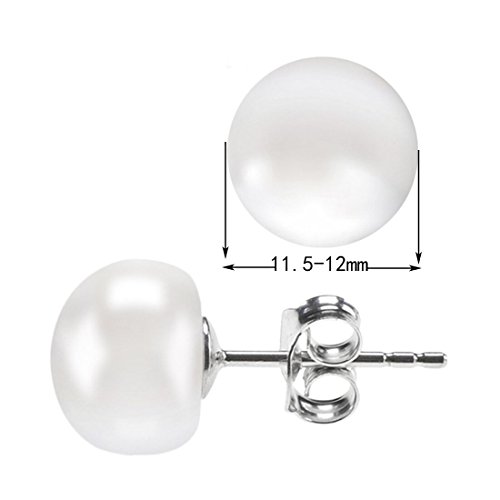 Alyc Pearl Earrings 12mm Genuine Freshwater Cultured Pearl White Button Stud Earrings with 925 Sterling Silver for Women Girls (11.5-12.0mm)