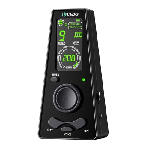 Metrônomo digital VEDO com temporizador, contagem vocal em inglês, operação um toque e display colorido fácil leitura Metrônomo eletrônico com controle volume para piano, guitarra, bateria e violino