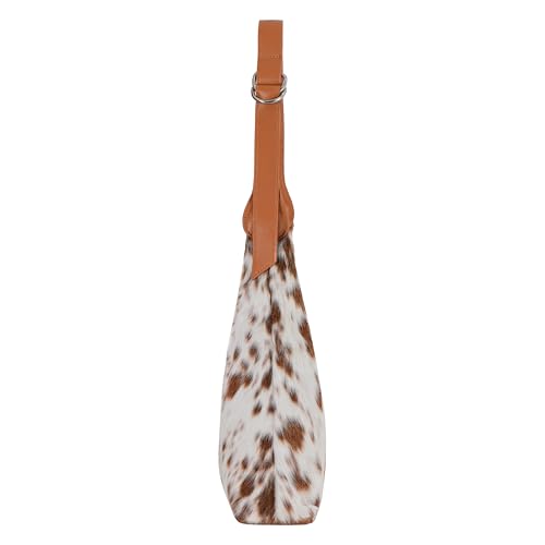 Genuine Cowhide Leather Hobo Shoulder Bag for Women Hair-On Hide Handbag with Adjustable Strap Natural Brown & White Cow Print Premium Leather Purse