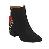 QUPID EJ10 Women's Floral Embroidered Wrapped Chunky Heel Ankle Booties