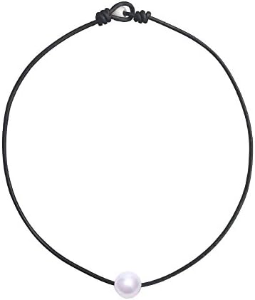 White Single 12 mm Artificial Pearl Handmade Choker Necklaces for Women on Black Original Leather Cord (16'' Black)