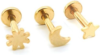 Gold Tone Triple Helix Cartilage Tragus Star Moon Sun Stud Earring Jewelry Piercing 16G