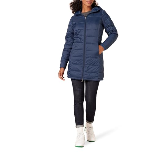 Amazon Essentials Damen Leichter, wasserabweisender, verstaubarer Puffermantel mit Kapuze (erhaeltlich in UEbergroessen), Marineblau, L