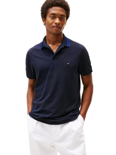 Tommy Hilfiger Men’s Performance Pique Tipped Regular Short Sleeve Polo, Desert Sky XX-Large