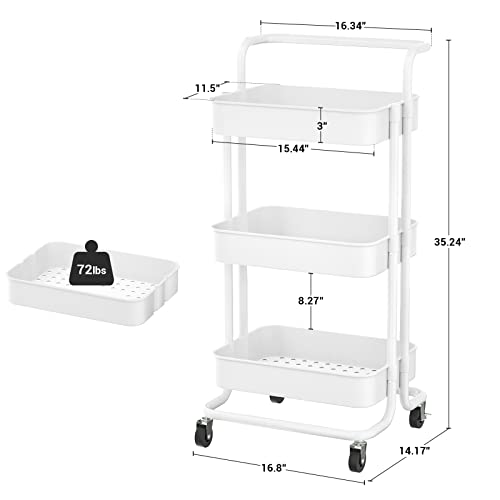 Armocity Rolling Cart, White Diaper Cart for Bedroom, Portable Nursery Cart with Wheels, 3Tier
