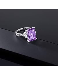 Gem Stone King 10K White Gold Solitaire w- Accent Stones Ring Emerald Cut Purple Amethyst and Timeless Brilliant Created Moissanite (IJK) 0.46ct (DEW)