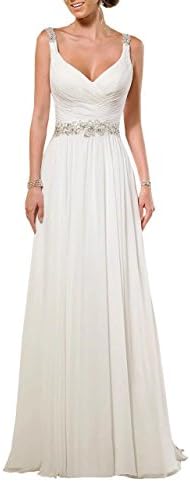 Chloyi Women's V Neck Shoulder Straps Soft Ruching Chiffon Wedding Gown Ivory US8