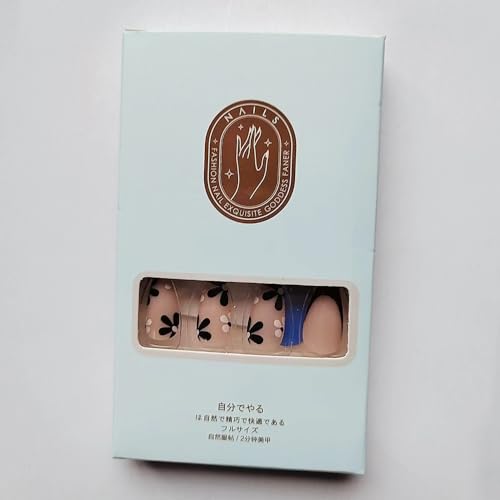 24 Pcs Spring Press on Nails Short Almond - YEFIUO Acrylic Fake Nails Press ons Black French Nail Art Tip Glue on Nails with Small Flowers Design Full Cover False Nails Stick on Nails Kit for Women - Image 5