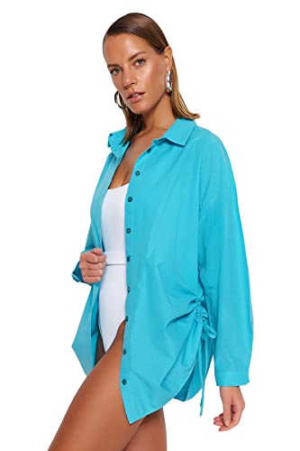 Trendyol Women's Beachwear Regular fit Basic Collar Woven Shirt Oversize, Turquoise, 36