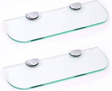 BSM Marketing Set of Two White Glass Shelves with Curved Corners 6mm Thick Toughened Glass Bathroom Kitchen Bedroom 400mm x 100mm (16" Approx) with Large Chrome Finish Supports