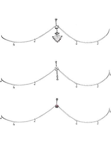 Gejoy 3 Pieces Women Rhinestone Belly Button Ring Body Piercing Jewelry, Navel Ring with Waist Chain for Dancing, Party, Beach