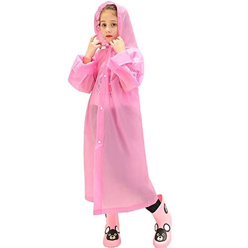 Kids Rain Poncho,Reusable Kids Rain Coat for 6-11 Years Old (Pink)