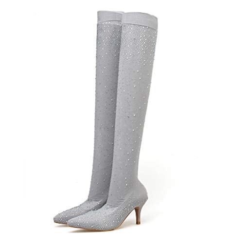 Fainosmny Women Sexy Nightclub High Heels Shoes Drill Elastic Boots Pointed Stockings Over-The-Knee Boots Shoes Gray