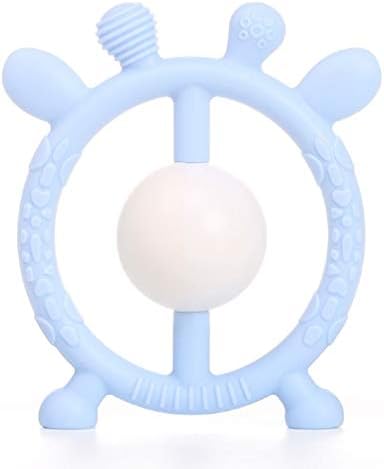 HOOPE Baby Sensory Teether and Spin Rattle, Giraffe Grab Self-Soothing Pain Relief Teething Toys, Infant Bite Resistance Hearing Development Shaking Bell BPA Free for Over 3 Month Newborn Baby(Blue)