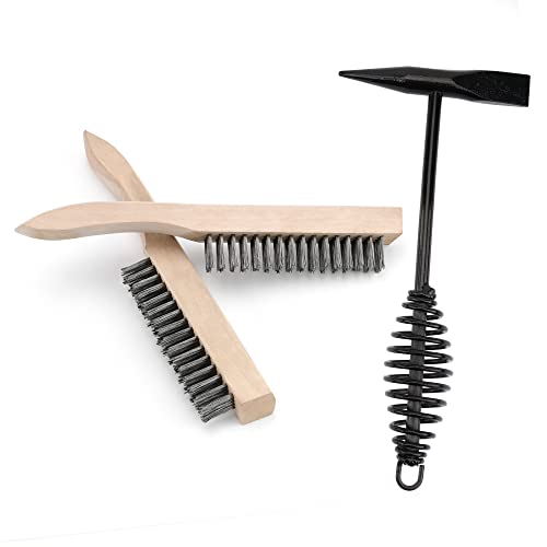 Welding Hammer with Coil Spring Handle,Wire Brush 9.5 Inch Wood Handle