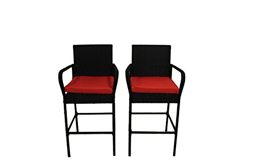 Outdoor Patio Furniture Rattan Black Wicker Cushioned Barstool Set(Orange Cushions,Set of 2