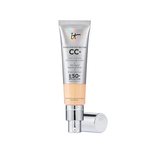 IT Cosmetics CC+ Cream - Natural Full Coverage Foundation With SPF 50+, Color Corrector & Anti-Aging Hydrating Serum, Hyaluronic Acid + Peptides, Lightweight Up To 24H Wear, All Skin Types- 1.08 fl oz