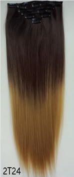 61 cm (60 cm) 130 g dunkelbraun bis Golden Blonde zweifarbig Ombré silkystraight Clip in Hair Extensions 7 Stück/Set für eine