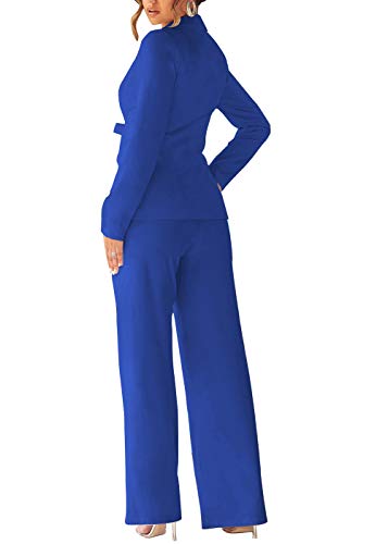 Ohvera Women's Solid Long Sleeve Front Bow Tie Two Piece Blazer Wide Leg Pants Suit Jumpsuit with Collar Blue Medium