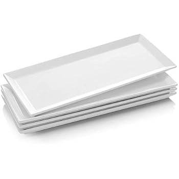 DOWAN 14.5 Inch Porcelain Serving Platters, Rectangular Plates, 4 Packs, Natural White