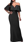 AlvaQ Women's Sexy V Neck Ruffle Off The Shoulder Evening Long Maxi Party Dress Plus Size Black