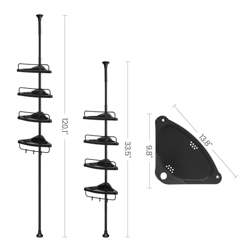 SONGMICS Shower Corner Shelf, 4-Tier Bathroom Shower Shelf, 85-305 cm Adjustable Shower Caddies, Bathroom Organiser, Black BCB001B01