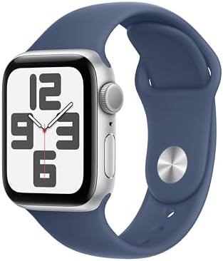 Apple Watch SE (2nd Gen) [GPS 40mm] Smartwatch with Silver Aluminum Case with Denim Sport Band S/M. Fitness and Sleep Trackers, Crash Detection, Heart Rate Monitor, Retina Display