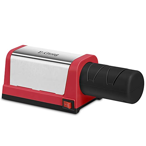 E-Gtong Electric Knife Sharpener, Professional 2-Stage Knives Sharpening System for Straight and Serrated Knives, with Diamond Abrasives for Knife Sharpening, Red