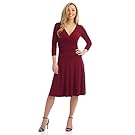 Rekucci Women's Slimming 3/4 Sleeve Fit-and-Flare Crossover Tummy Control Dress (14,Burgundy)