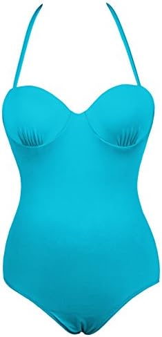 Shenices Retro Solid Ruched One Piece Sexy Monokinis Bathing Suit Blue US8